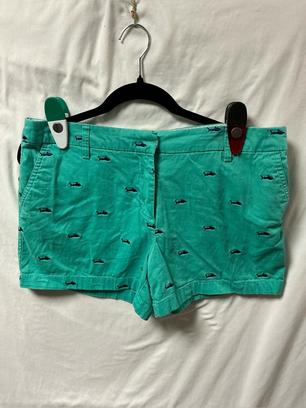 Cambridge Dry Goods Turquoise Embroidered Shark Jean Shorts